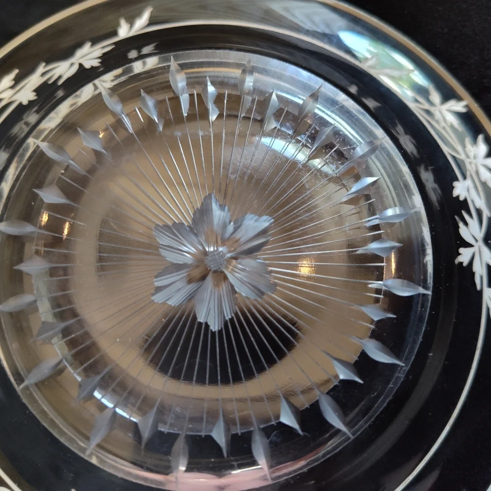 Antique Etched Crystal Plate With Sterling Silver Inlay